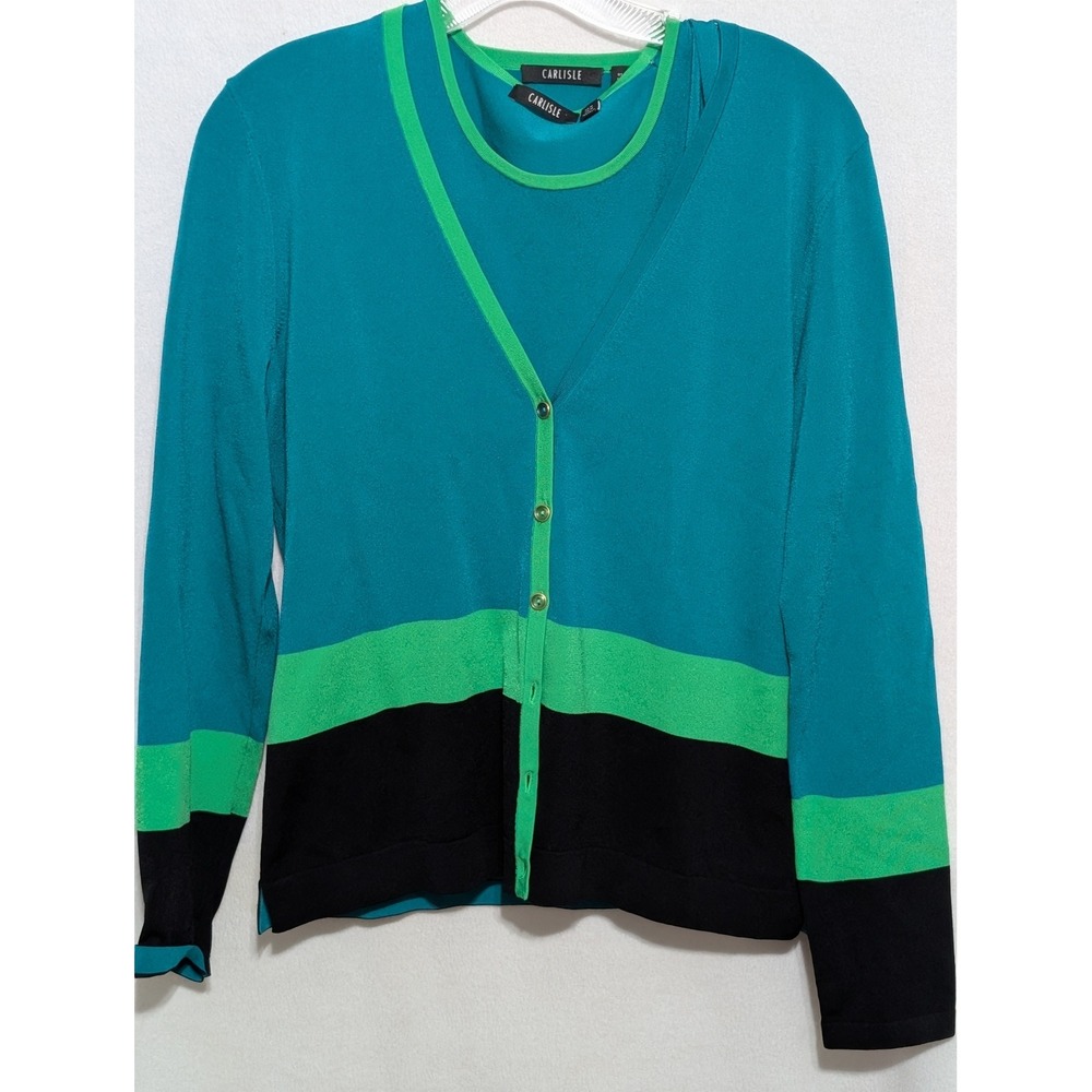 Carlisle Womens Knit Twin Set Cardigan and Tank Teal Green Black Colorblock M